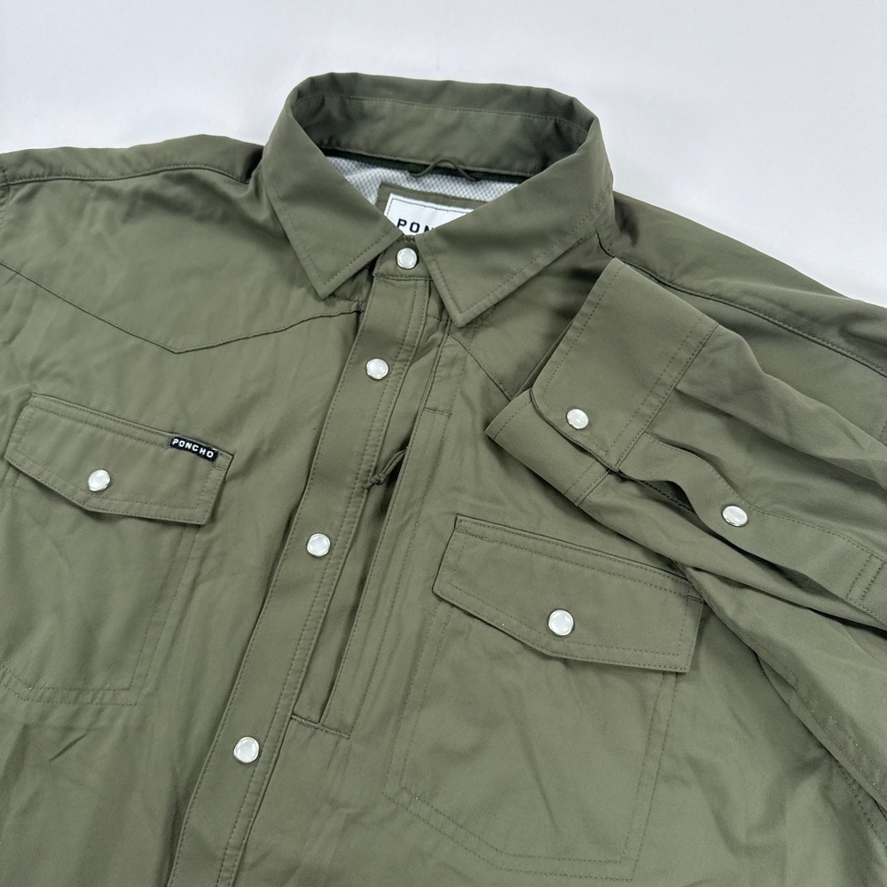 Poncho Outdoors Western Pearl Snap Shirt Mens Large Regular Fit Olive Green Tech
